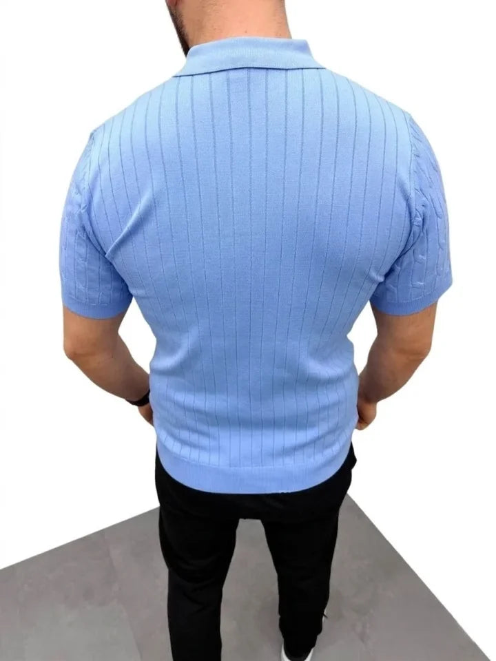Men's Summer Knit Cable Knit T-Shirt Short Sleeve Polo Collar Zippered T-Shirt - Baby Blue