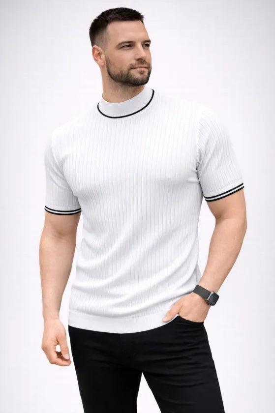 Men's Ribbed Knit Woven Short Sleeve T-Shirt Half Turtleneck Modern Summer T-Shirt - White