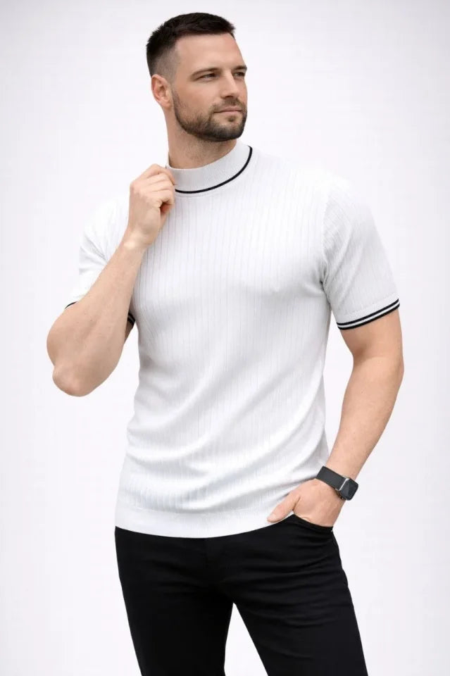 Men's Ribbed Knit Woven Short Sleeve T-Shirt Half Turtleneck Modern Summer T-Shirt - White