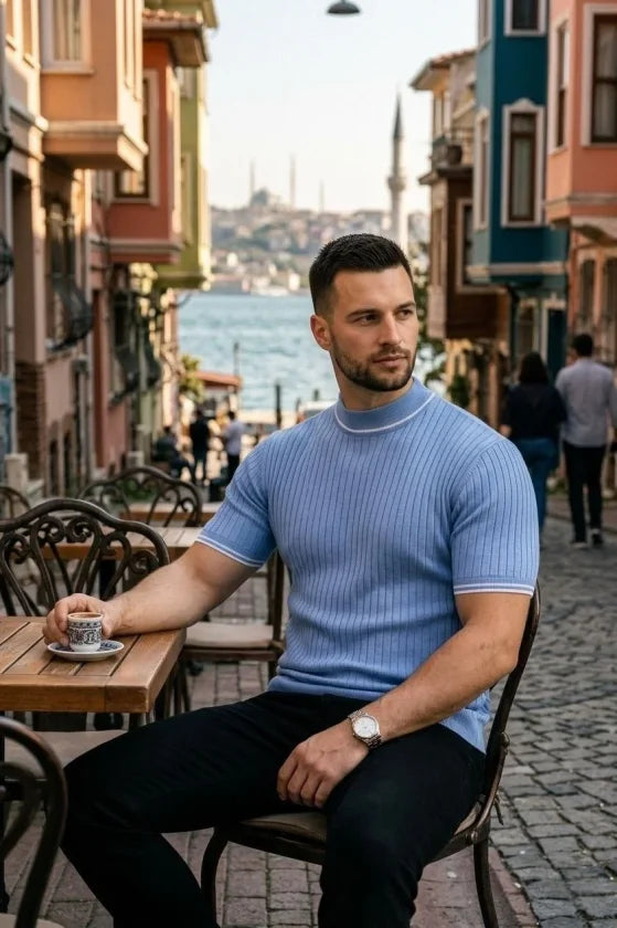 Men's Ribbed Knit Woven Short Sleeve T-Shirt Half Turtleneck Modern Summer T-Shirt - Baby Blue
