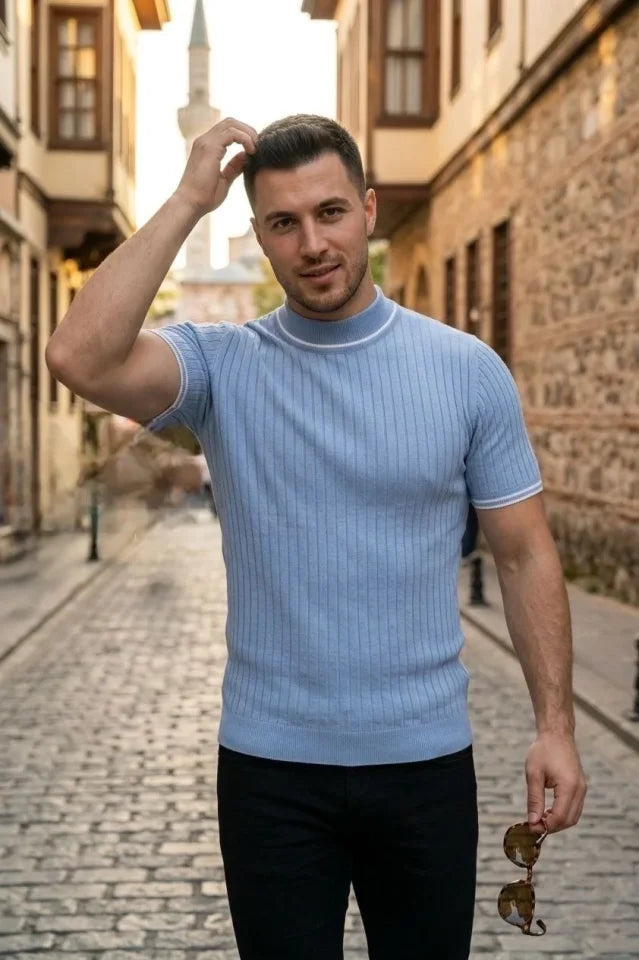 Men's Ribbed Knit Woven Short Sleeve T-Shirt Half Turtleneck Modern Summer T-Shirt - Baby Blue
