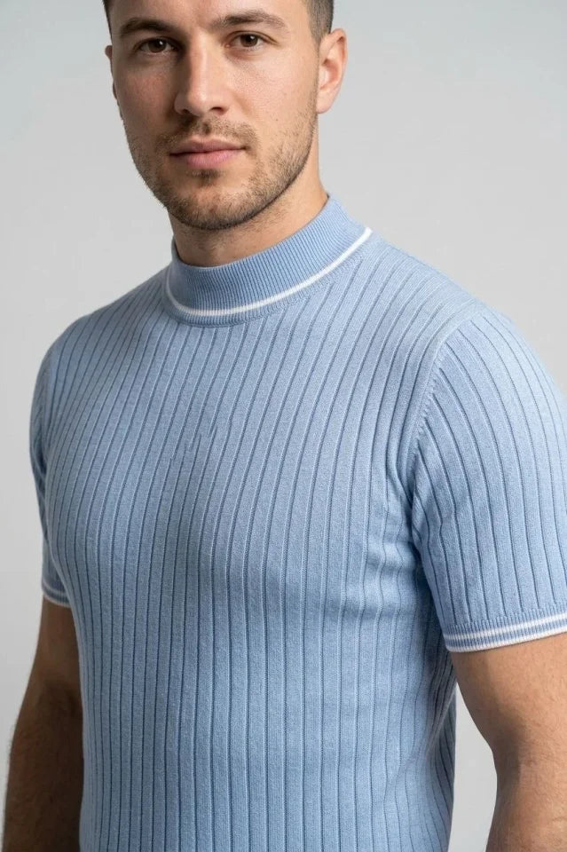 Men's Ribbed Knit Woven Short Sleeve T-Shirt Half Turtleneck Modern Summer T-Shirt - Baby Blue