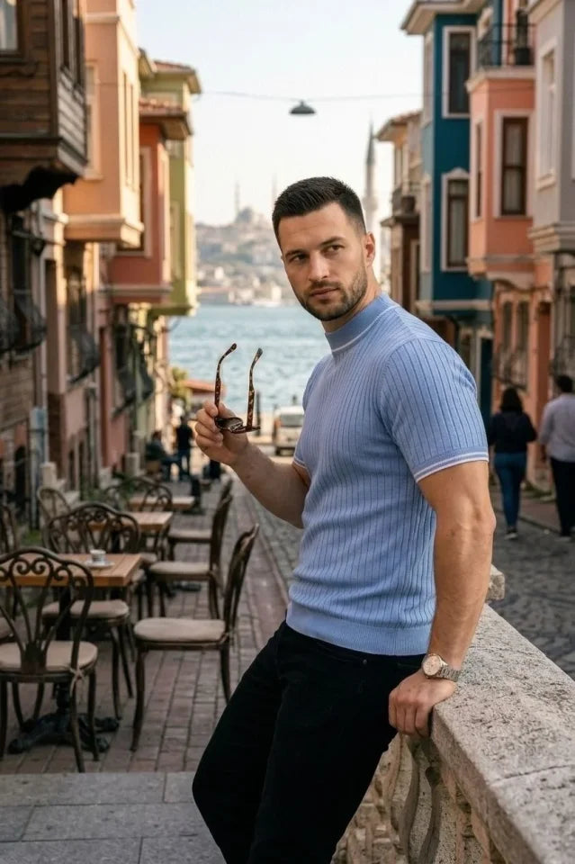 Men's Ribbed Knit Woven Short Sleeve T-Shirt Half Turtleneck Modern Summer T-Shirt - Baby Blue