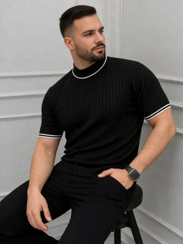 Men's Ribbed Knit Woven Short Sleeve T-Shirt Half Turtleneck Modern Summer T-Shirt - Black