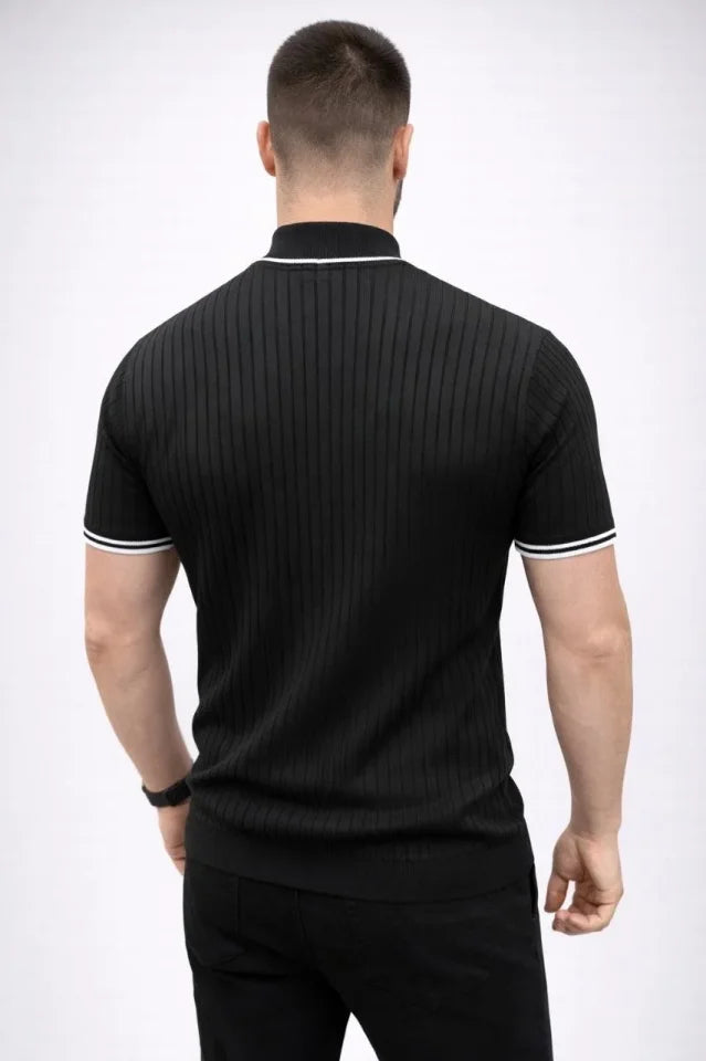 Men's Ribbed Knit Woven Short Sleeve T-Shirt Half Turtleneck Modern Summer T-Shirt - Black