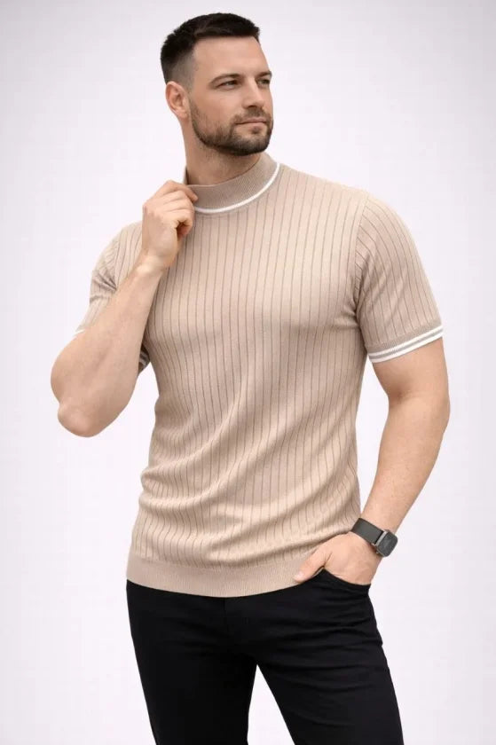 Men's Ribbed Knit Woven Short Sleeve T-Shirt Half Turtleneck Modern Summer T-Shirt - Beige