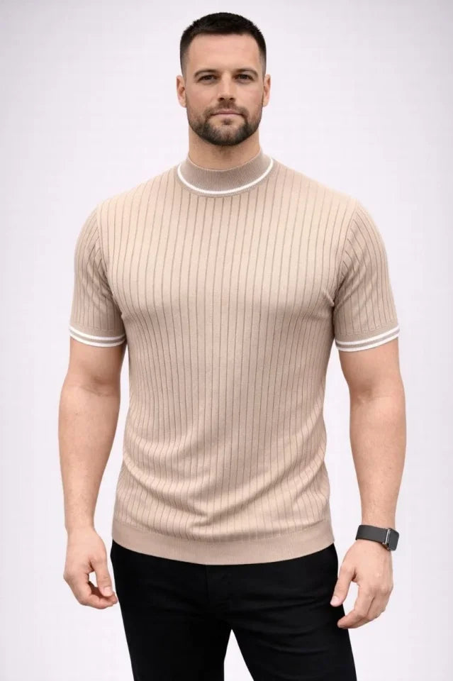 Men's Ribbed Knit Woven Short Sleeve T-Shirt Half Turtleneck Modern Summer T-Shirt - Beige