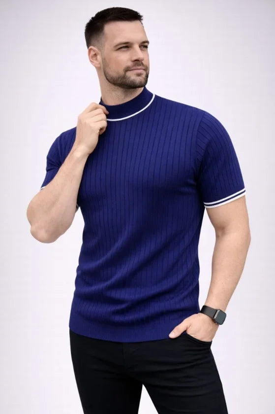 Men's Ribbed Knit Woven Short Sleeve T-Shirt Half Turtleneck Modern Summer T-Shirt - Navy Blue