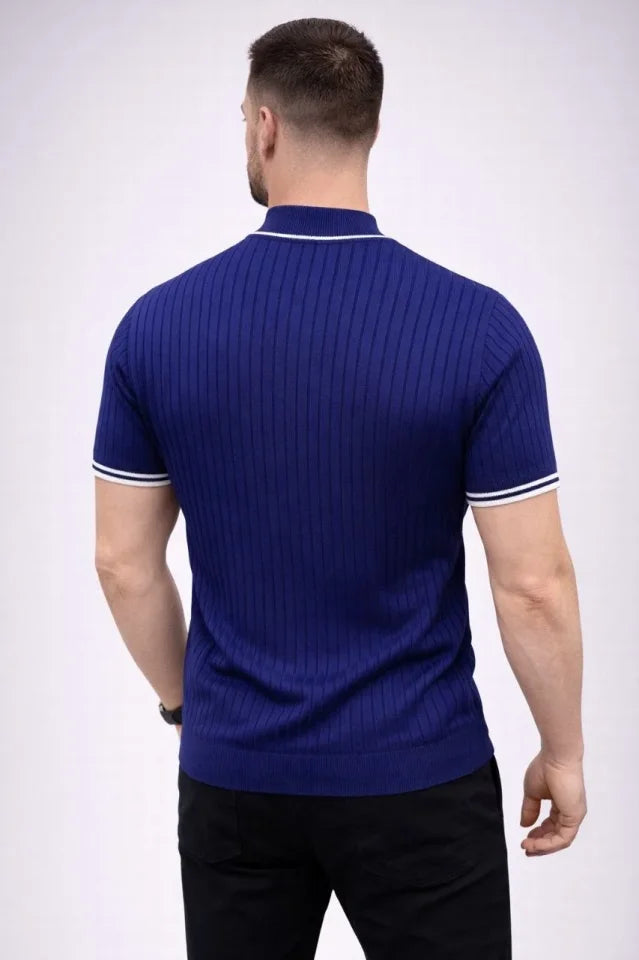 Men's Ribbed Knit Woven Short Sleeve T-Shirt Half Turtleneck Modern Summer T-Shirt - Navy Blue