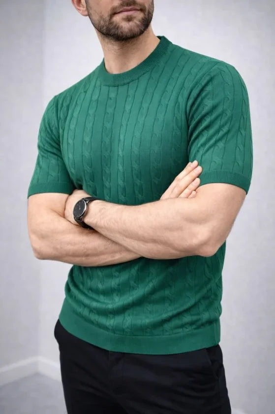 Men's Summer Knit Woven T-Shirt Short Sleeve Crew Neck Knit Patterned T-Shirt - Khaki