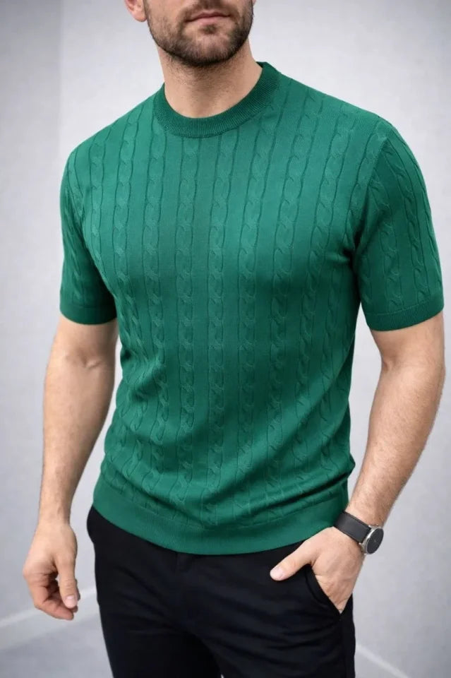 Men's Summer Knit Woven T-Shirt Short Sleeve Crew Neck Knit Patterned T-Shirt - Khaki