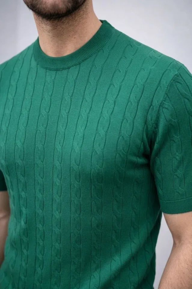 Men's Summer Knit Woven T-Shirt Short Sleeve Crew Neck Knit Patterned T-Shirt - Khaki