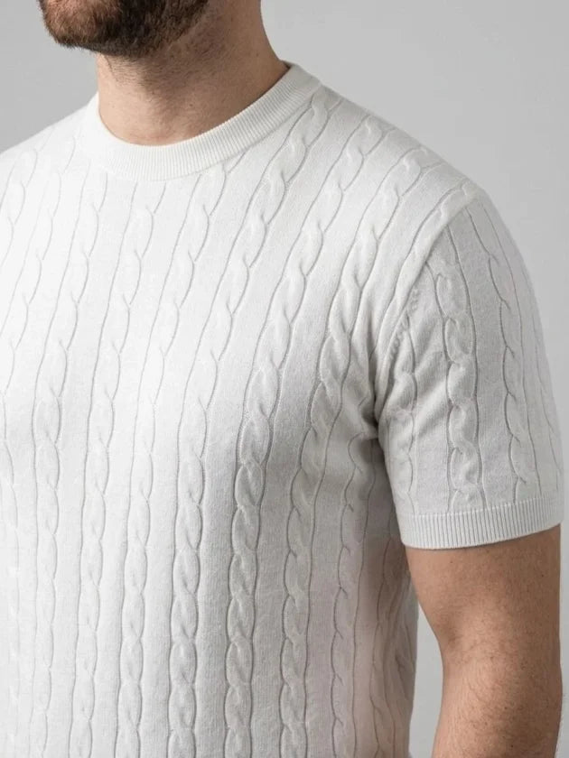 Men's Summer Knit Woven T-Shirt Short Sleeve Crew Neck Knit Patterned T-Shirt - White