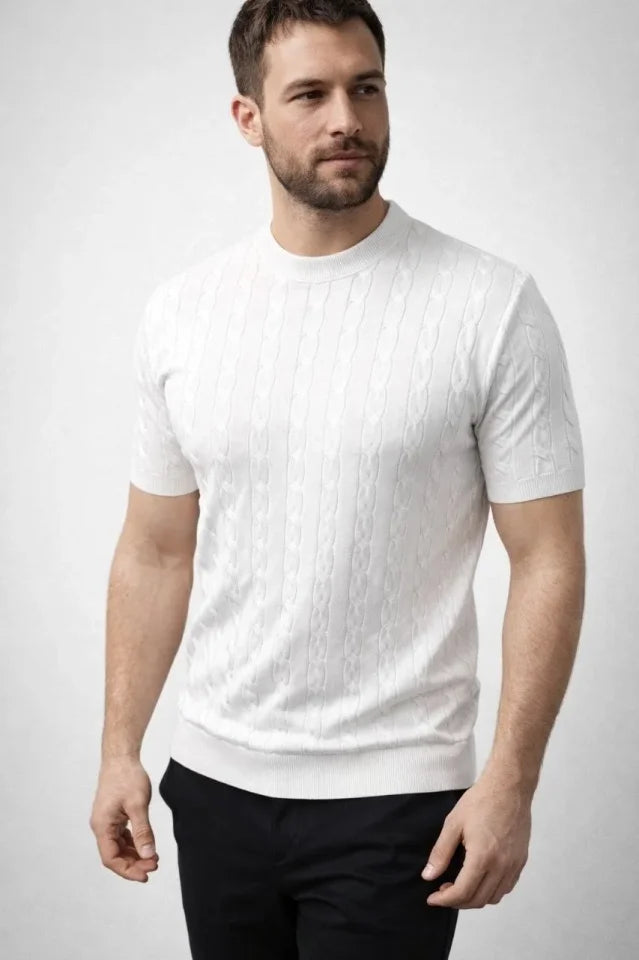 Men's Summer Knit Woven T-Shirt Short Sleeve Crew Neck Knit Patterned T-Shirt - White