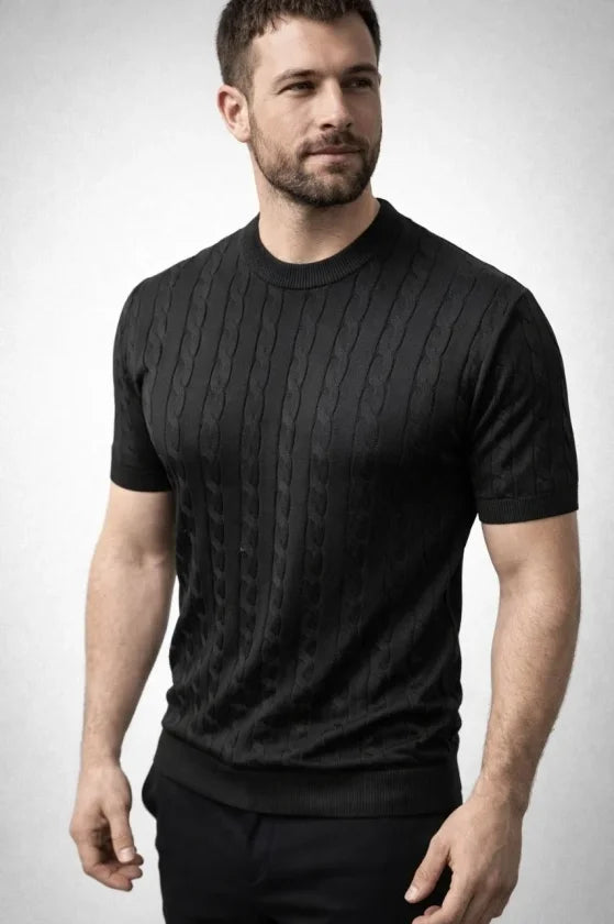 Men's Summer Knit Woven T-Shirt Short Sleeve Crew Neck Knit Patterned T-Shirt - Black