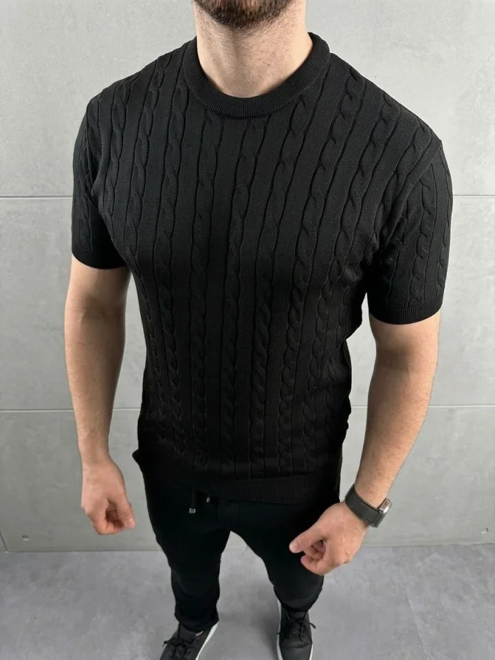 Men's Summer Knit Woven T-Shirt Short Sleeve Crew Neck Knit Patterned T-Shirt - Black