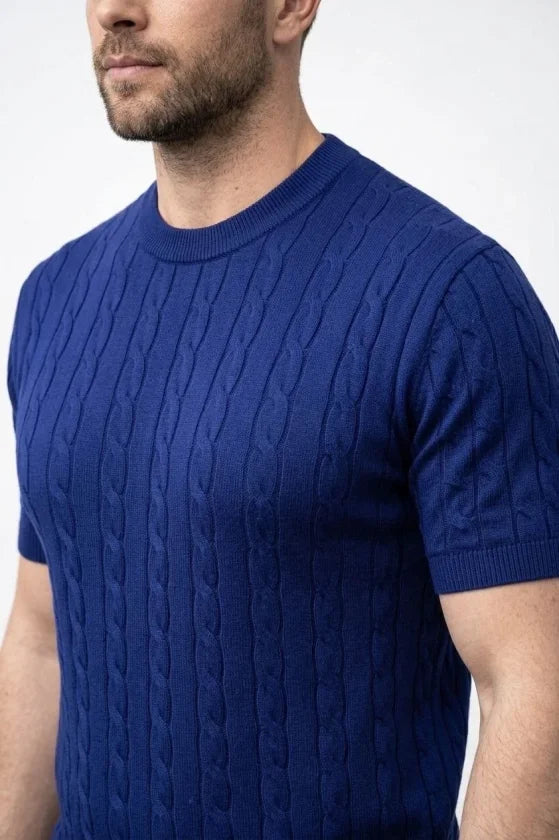 Men's Summer Knit Woven T-Shirt Short Sleeve Crew Neck Knit Pattern T-Shirt - Navy