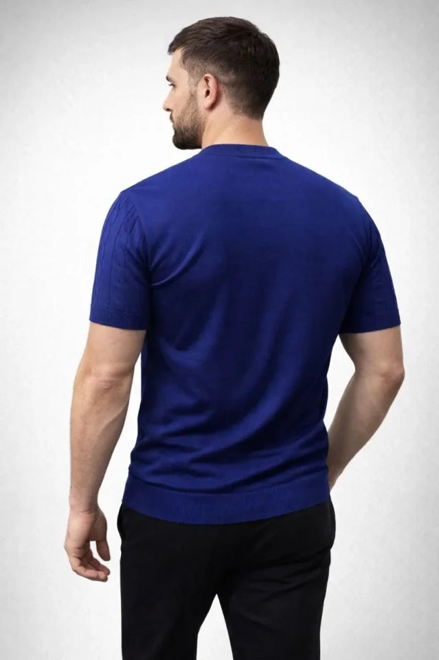 Men's Summer Knit Woven T-Shirt Short Sleeve Crew Neck Knit Pattern T-Shirt - Navy