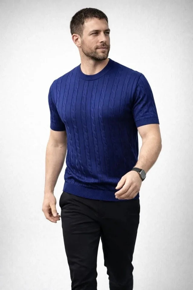 Erkek Yazlık Triko Dokuma Tişört Kısa Kol Bisiklet Yaka Örgü Desenli T-Shirt - Lacivert