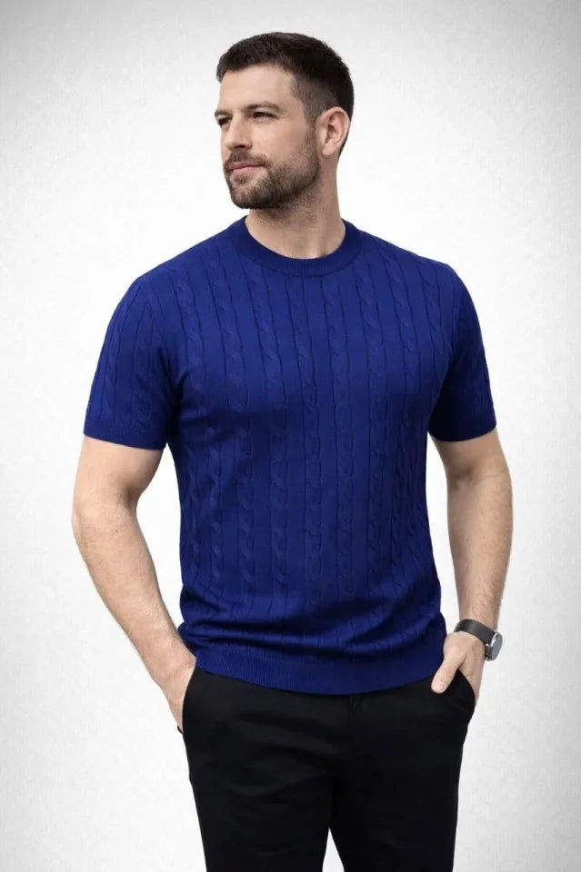 Erkek Yazlık Triko Dokuma Tişört Kısa Kol Bisiklet Yaka Örgü Desenli T-Shirt - Lacivert