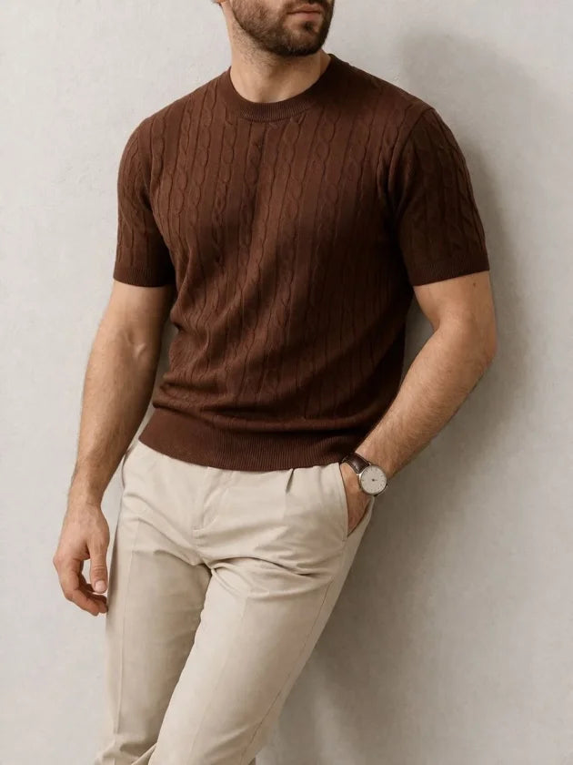 Men's Summer Knit Woven T-Shirt Short Sleeve Crew Neck Knit Pattern T-Shirt - Brown