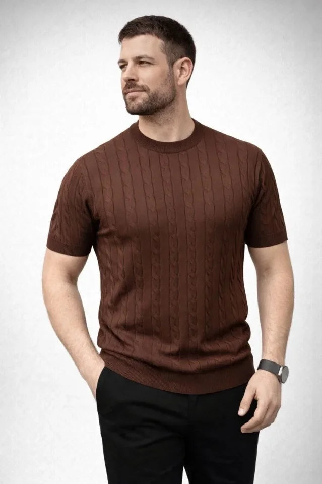 Men's Summer Knit Woven T-Shirt Short Sleeve Crew Neck Knit Pattern T-Shirt - Brown