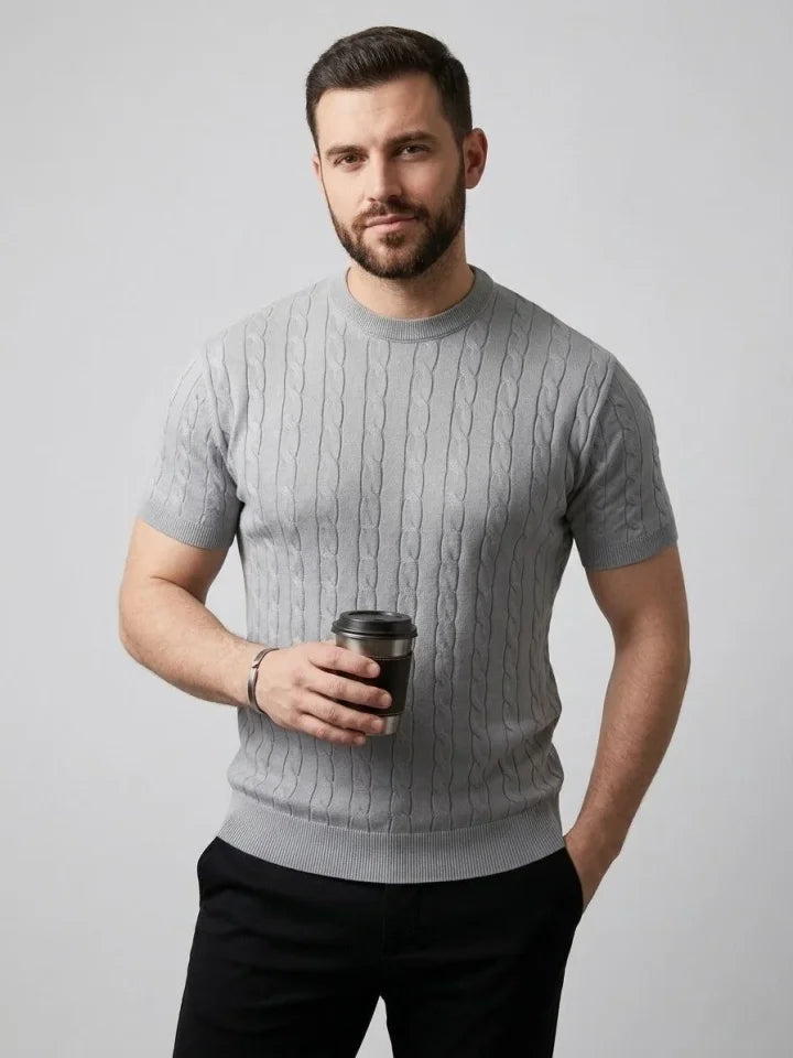 Men's Summer Knit Woven T-Shirt Short Sleeve Crew Neck Knit Pattern T-Shirt - Gray
