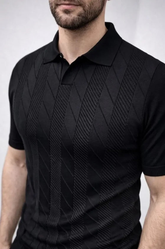 Men's Summer Knit Woven T-Shirt Short Sleeve Polo Collar T-Shirt - Black