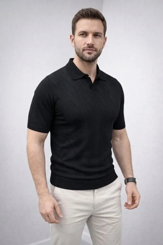 Men's Summer Knit Woven T-Shirt Short Sleeve Polo Collar T-Shirt - Black