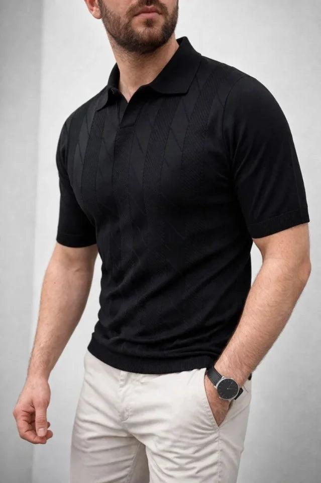 Men's Summer Knit Woven T-Shirt Short Sleeve Polo Collar T-Shirt - Black