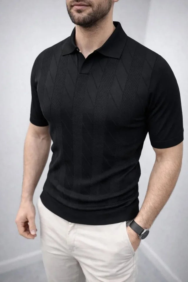 Men's Summer Knit Woven T-Shirt Short Sleeve Polo Collar T-Shirt - Black