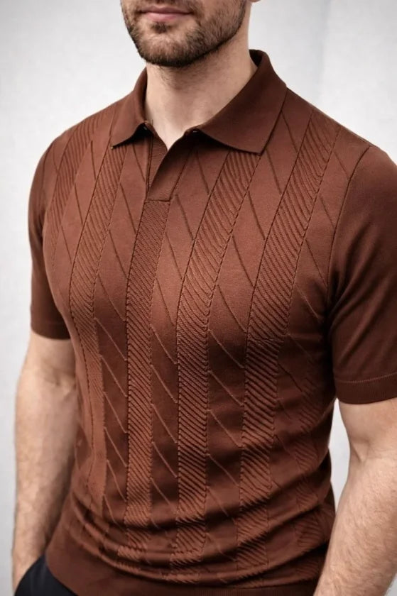 Men's Summer Knit Woven T-Shirt Short Sleeve Polo Collar T-Shirt - Brown