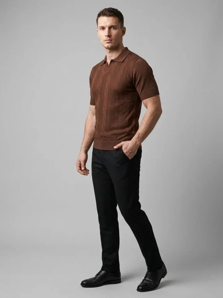 Men's Summer Knit Woven T-Shirt Short Sleeve Polo Collar T-Shirt - Brown