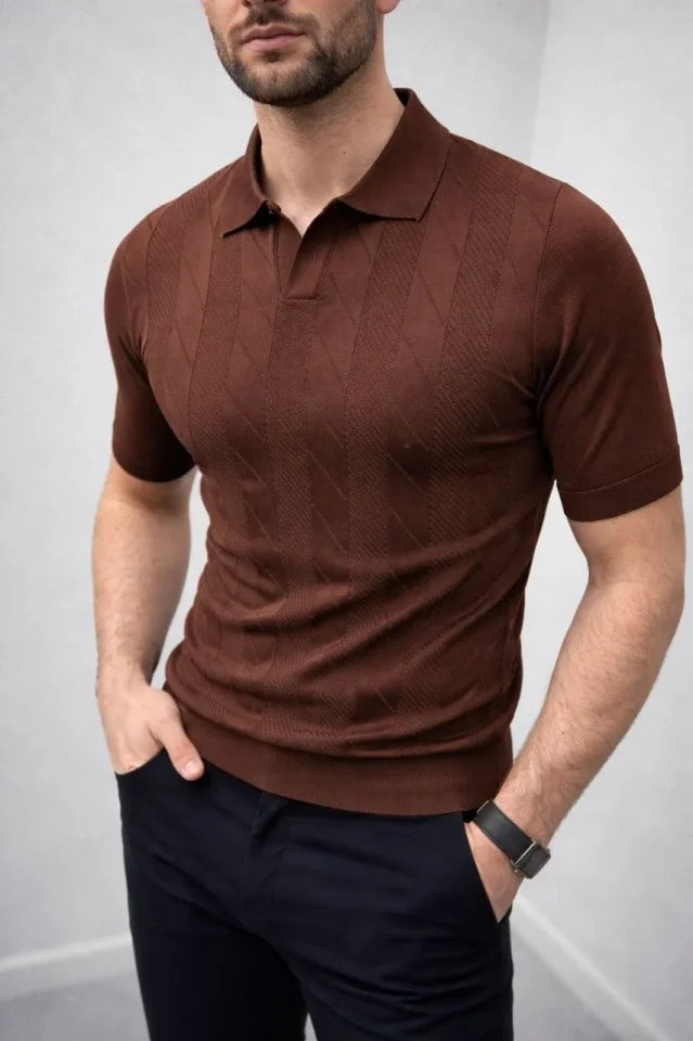 Erkek Yazlık Triko Dokuma Tişört Kısa Kol Polo Yaka T-Shirt - Kahverengi