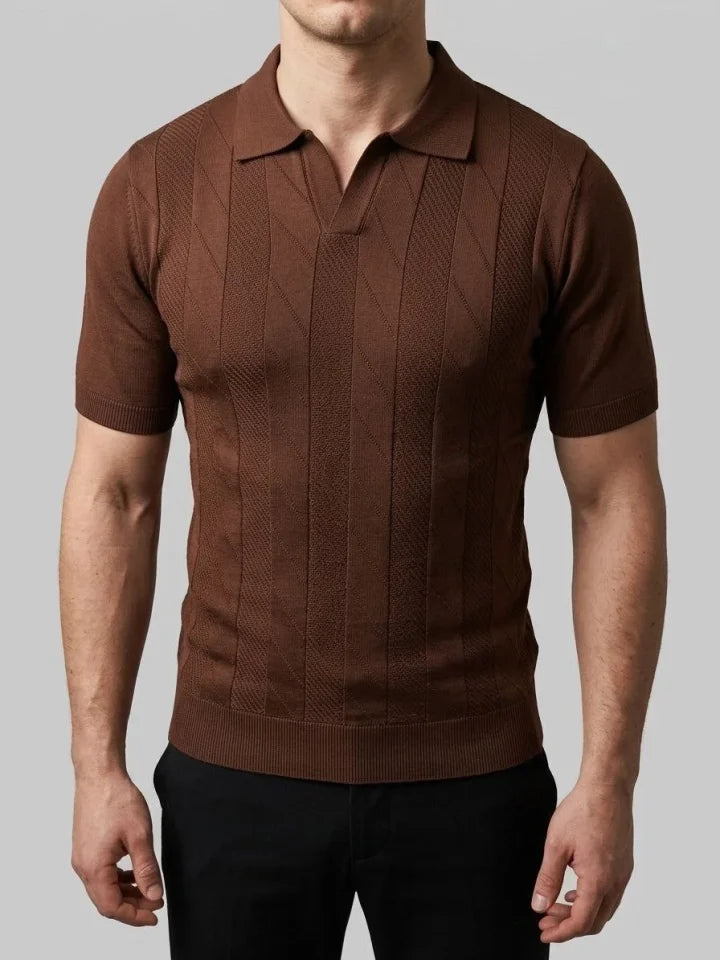 Erkek Yazlık Triko Dokuma Tişört Kısa Kol Polo Yaka T-Shirt - Kahverengi