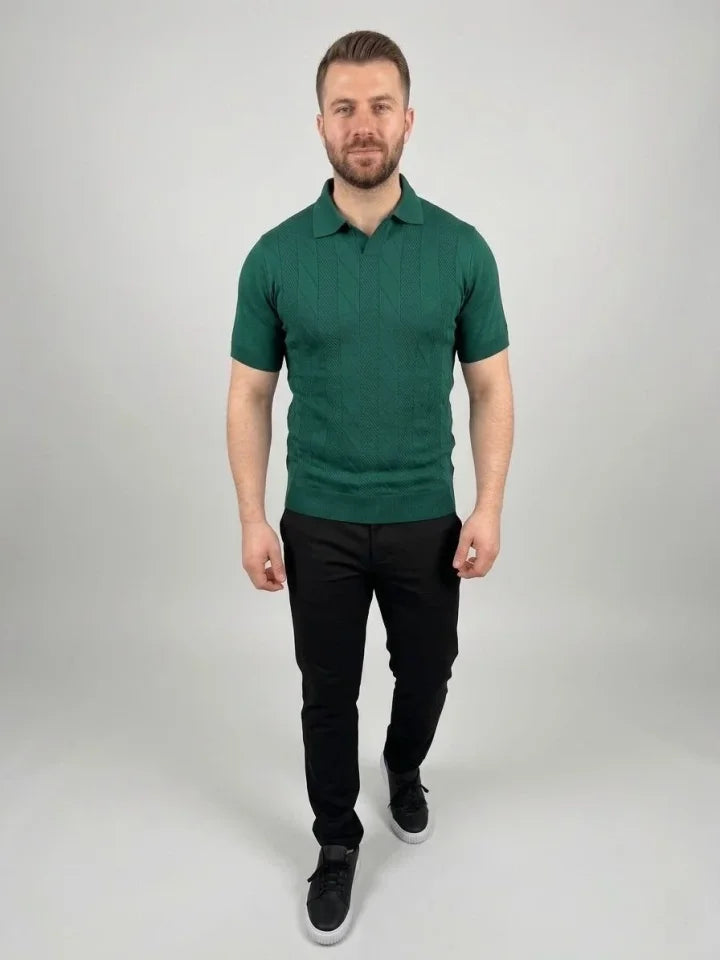 Men's Summer Knit Woven T-Shirt Short Sleeve Polo Collar T-Shirt - Dark Green