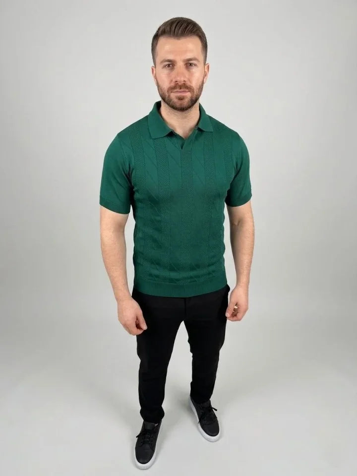 Erkek Yazlık Triko Dokuma Tişört Kısa Kol Polo Yaka T-Shirt - Koyu Yeşil