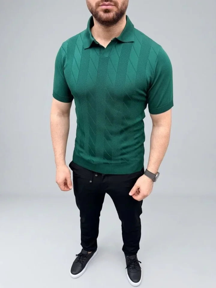 Erkek Yazlık Triko Dokuma Tişört Kısa Kol Polo Yaka T-Shirt - Koyu Yeşil