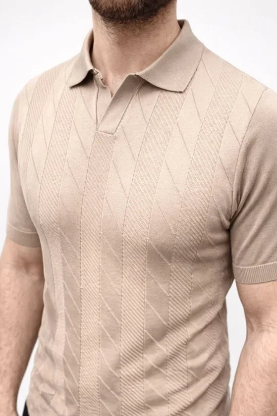 Men's Summer Knit Woven T-Shirt Short Sleeve Polo Collar T-Shirt - Beige