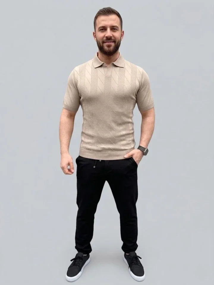 Men's Summer Knit Woven T-Shirt Short Sleeve Polo Collar T-Shirt - Beige