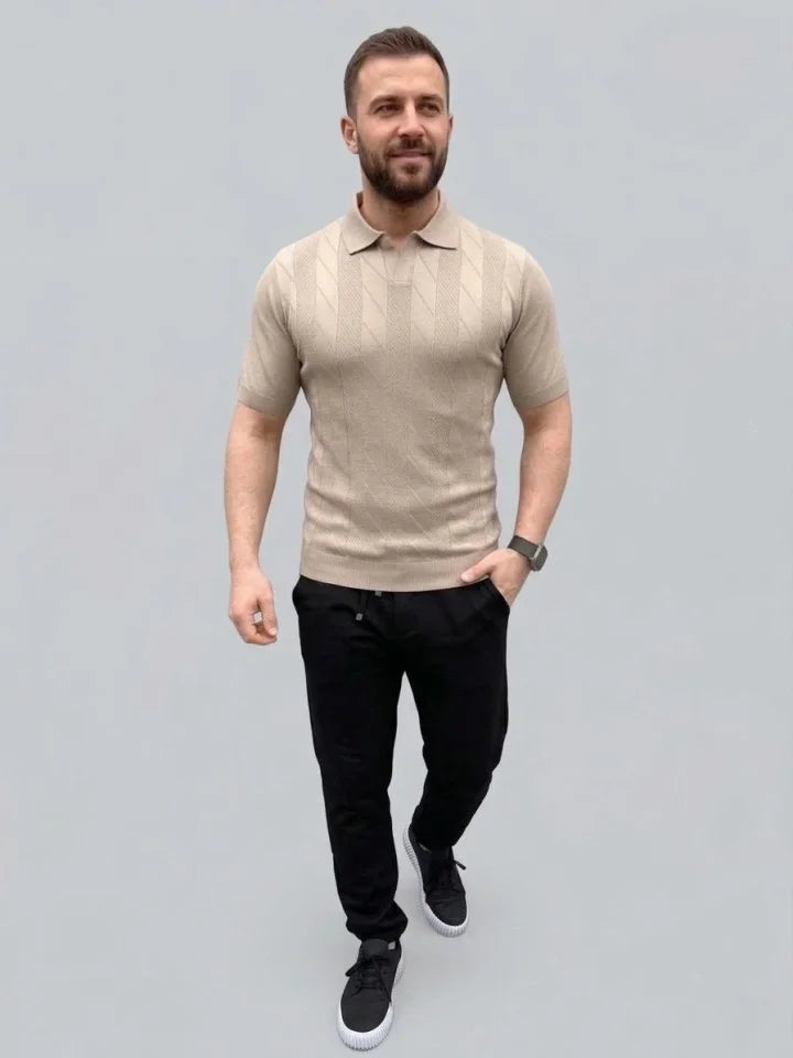 Men's Summer Knit Woven T-Shirt Short Sleeve Polo Collar T-Shirt - Beige