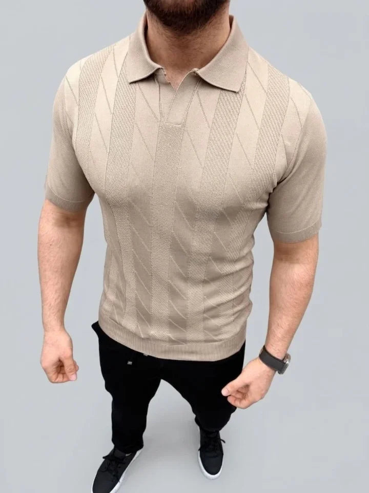 Men's Summer Knit Woven T-Shirt Short Sleeve Polo Collar T-Shirt - Beige