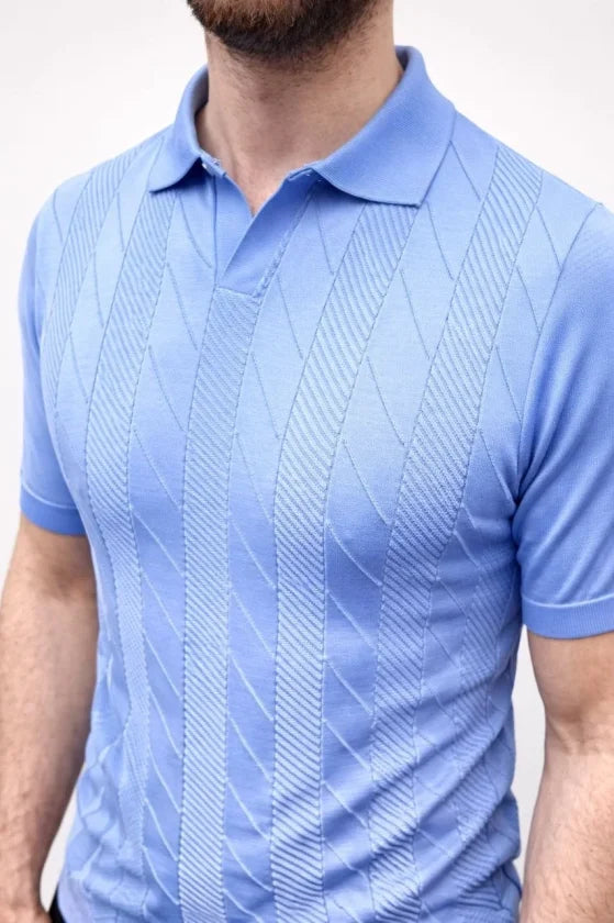 Men's Summer Knit Woven T-Shirt Short Sleeve Polo Collar T-Shirt - Baby Blue