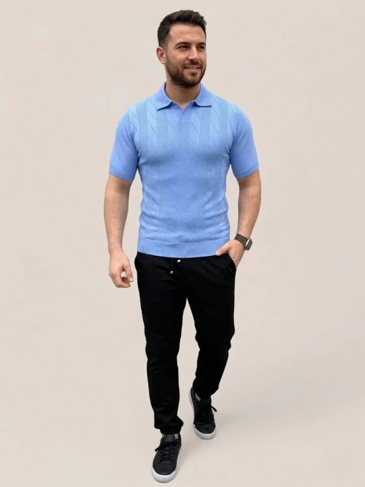 Men's Summer Knit Woven T-Shirt Short Sleeve Polo Collar T-Shirt - Baby Blue