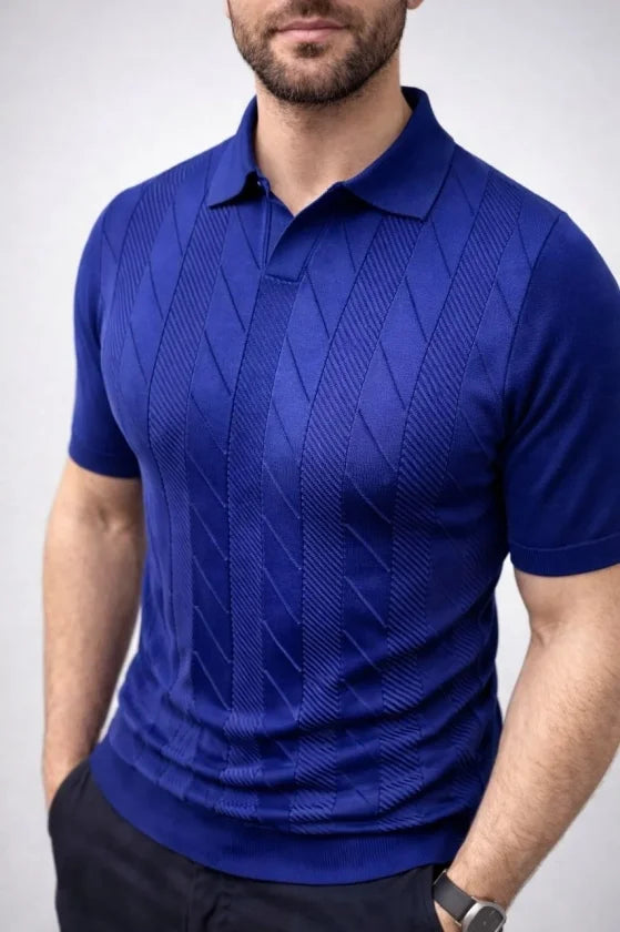 Men's Summer Knit Woven T-Shirt Short Sleeve Polo Collar T-Shirt - Navy