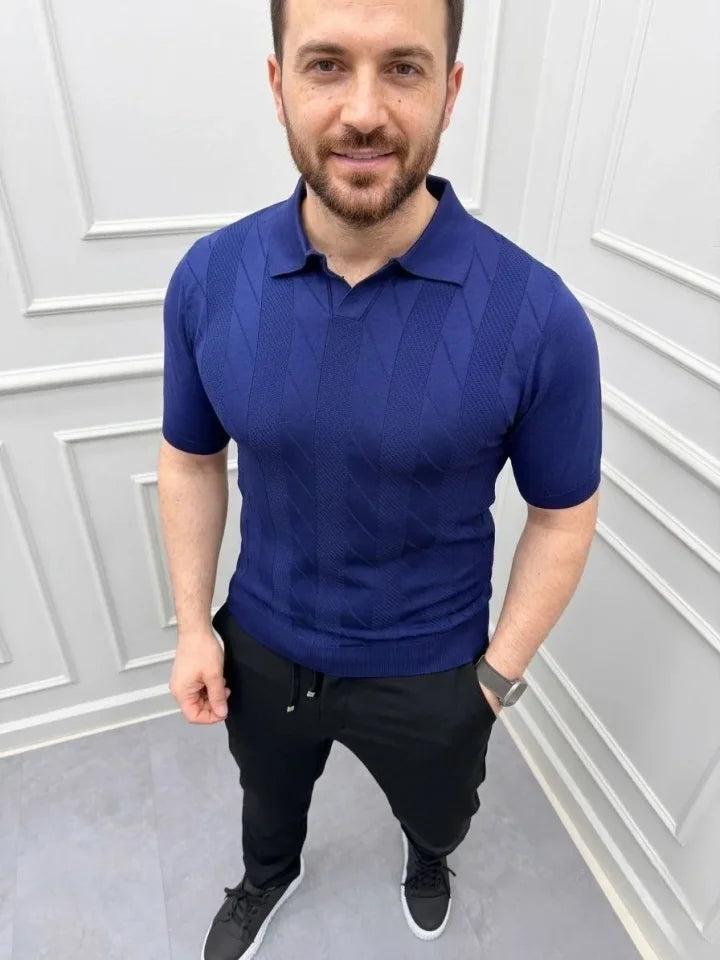 Men's Summer Knit Woven T-Shirt Short Sleeve Polo Collar T-Shirt - Navy