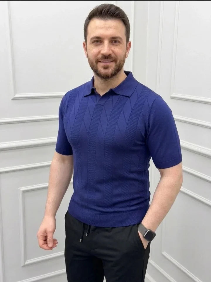 Men's Summer Knit Woven T-Shirt Short Sleeve Polo Collar T-Shirt - Navy