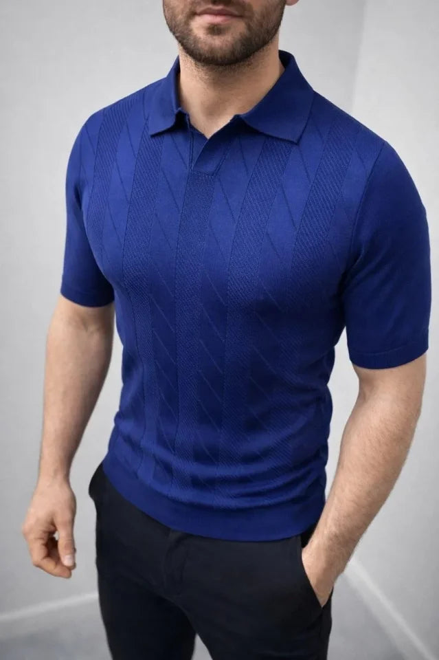 Men's Summer Knit Woven T-Shirt Short Sleeve Polo Collar T-Shirt - Navy