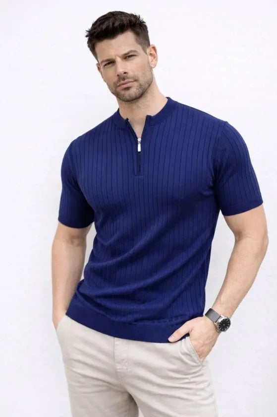 Men's Short Sleeve Ribbed Knit T-Shirt Summer Stand Collar T-Shirt - Navy