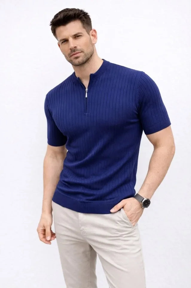 Men's Short Sleeve Ribbed Knit T-Shirt Summer Stand Collar T-Shirt - Navy
